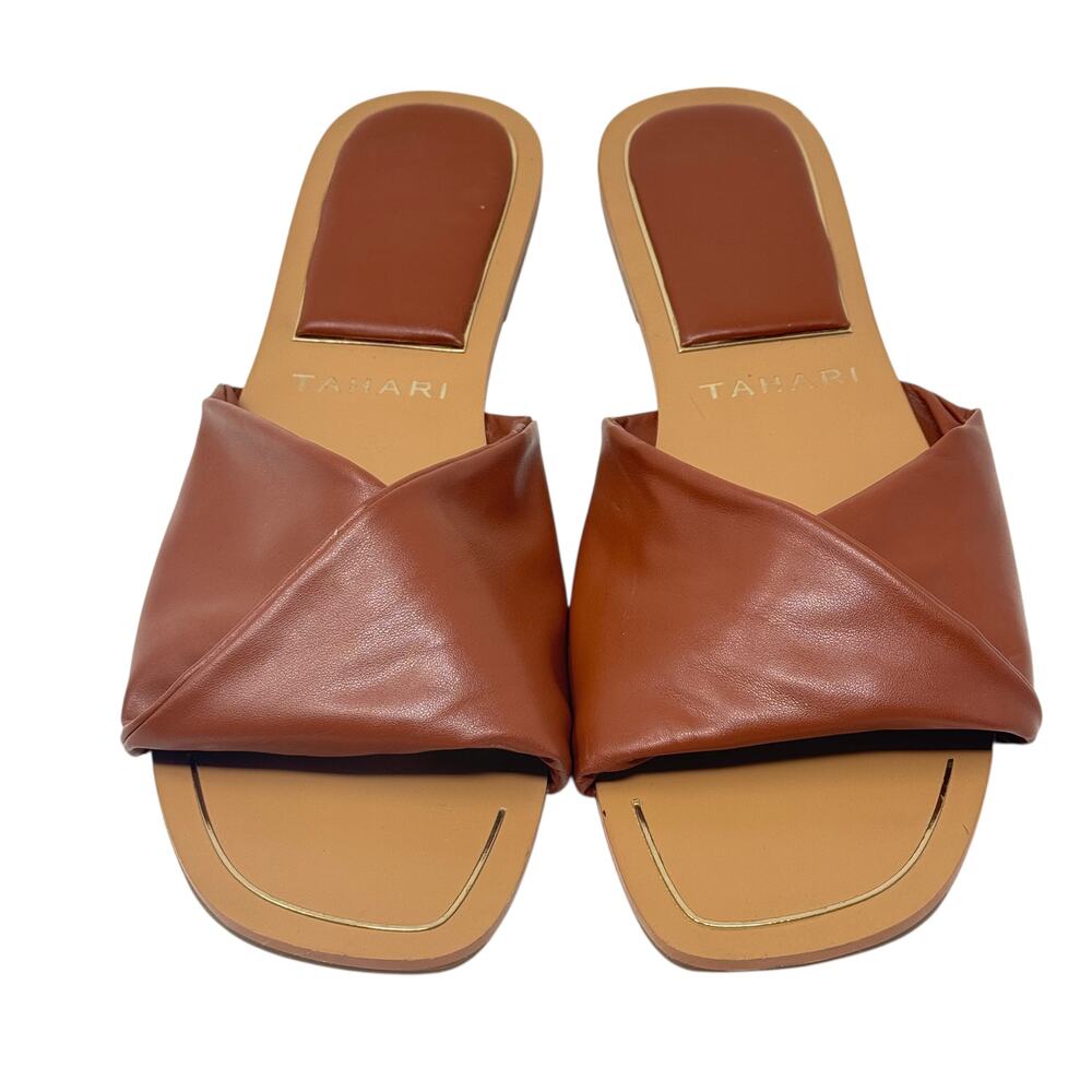 Tahari Sabana Cognac Brown Faux Leather Criss Cross Slide Sandals Padded Size 10 - Picture 2 of 8